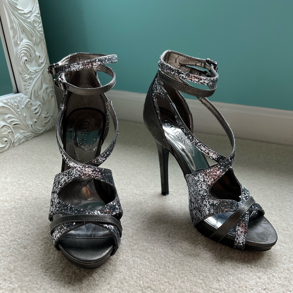 Guess sparkly silver Strappy open toe high Heels size 7